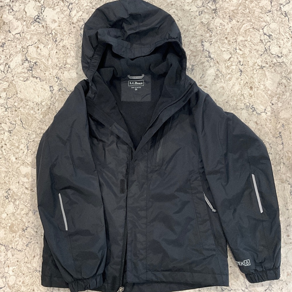 Boys LL Bean Fleece-Lined Rain Coat, Black, Size S8, Excellent Condition